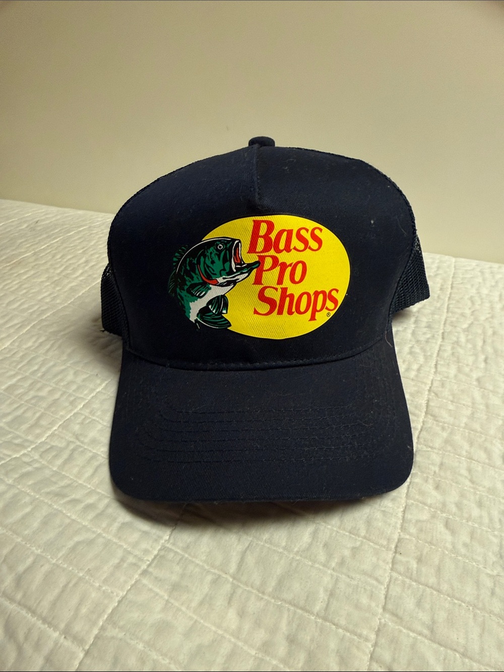 Bass Pro Shops Navy Cap with Yellow Logo and Green Fish